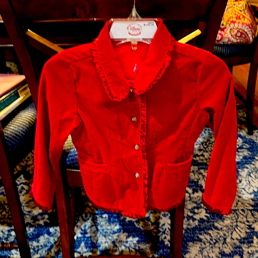 Talbots kids girls red cotton blazer size 6 w/velvet texture and ribbon detail.